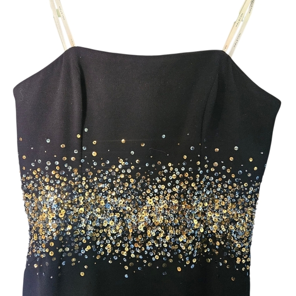 Women's Halston Sofi Gown Columm Crape Strapless Black Dress Gold Sequins 12 - Picture 7 of 15